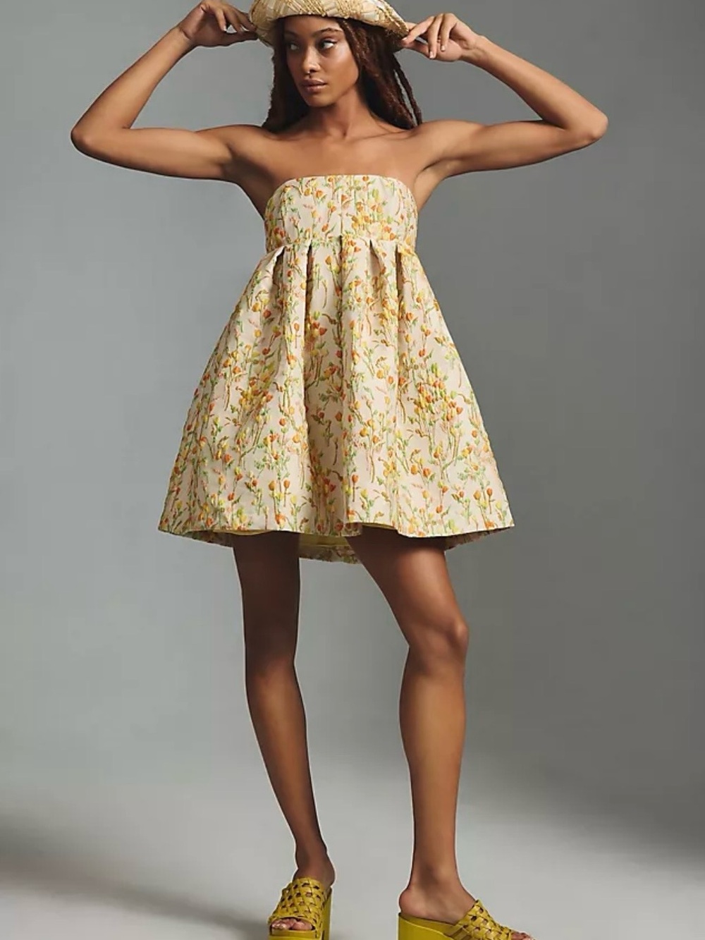 Anthropologie Strapless Floral Mini Dress in Cream and Yellow